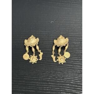 Vintage Gold Tone Clip-On Dangle Earrings Coin Star Pearl Charm Boho Gypsy Style
